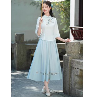 新中式改良汉服套装女款成人国风刺绣七分袖旗袍上衣半身裙两件套