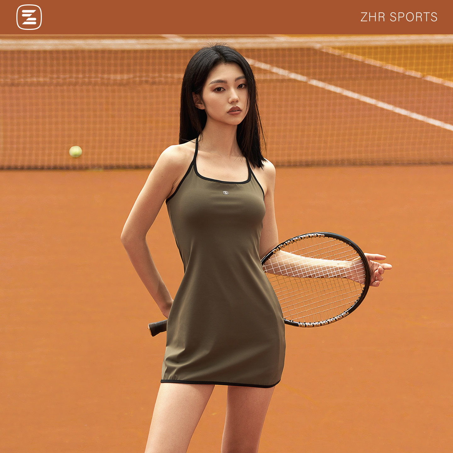 ZHRSPORTS夏季运动连衣裙优雅挂肩露背裙女收腰显瘦网球裙防走光