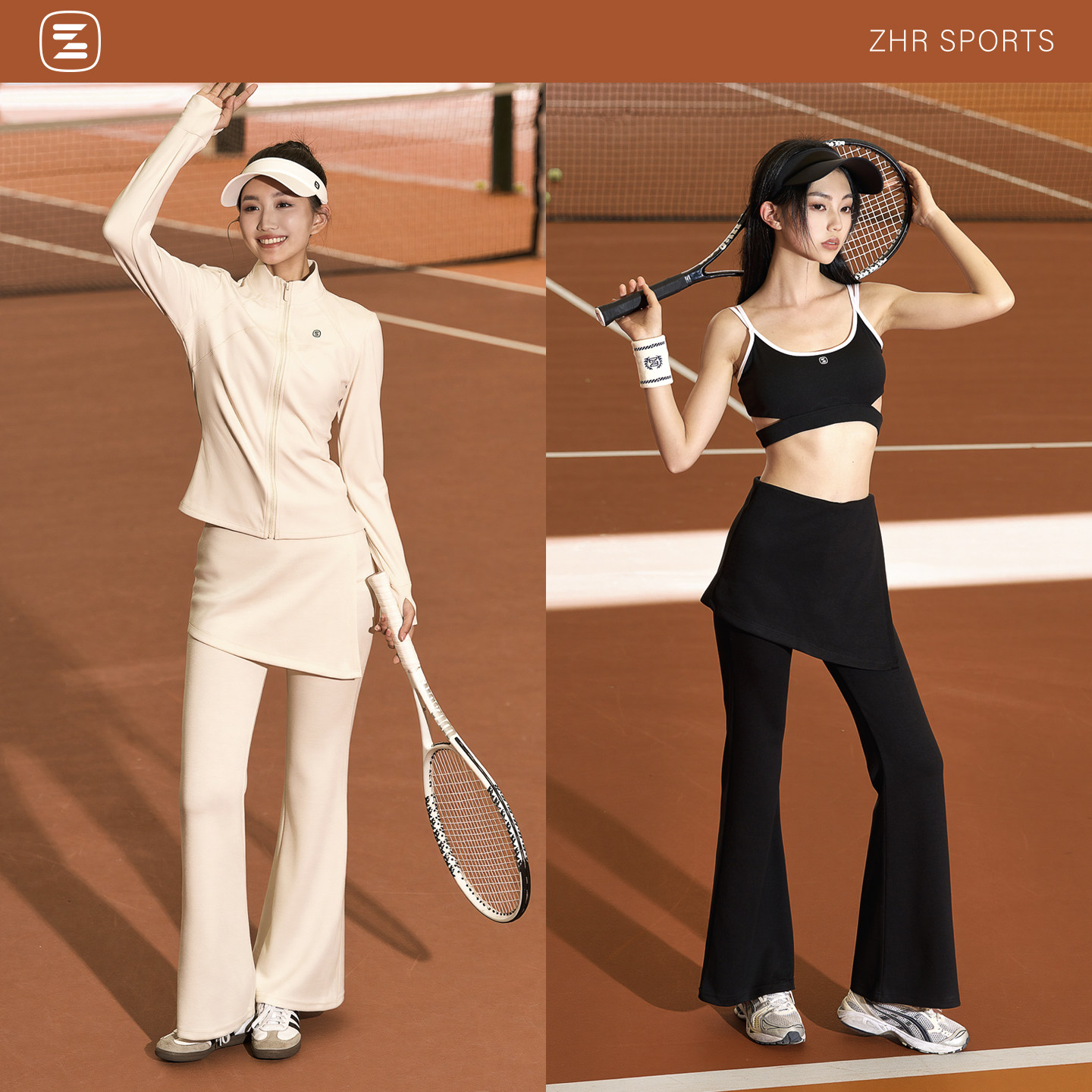 ZHRSPORTS春夏网球运动裙裤女不规则假两件长裤纯色阔腿喇叭裤裙