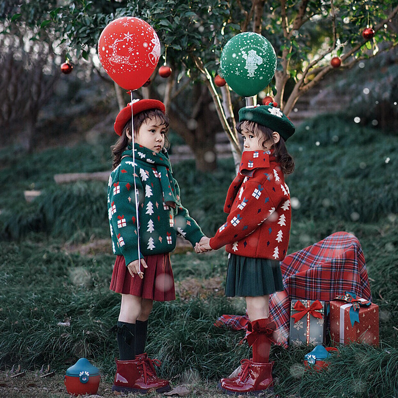 小蜜糖童装女童圣诞毛衣套装儿童绿色针织衣服女宝红色主题圣诞装