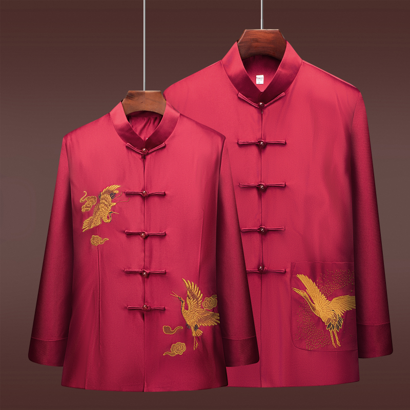 中老年人唐装男蚕丝春秋喜庆婚宴礼服爸爸妈妈中式外套情侣装套装