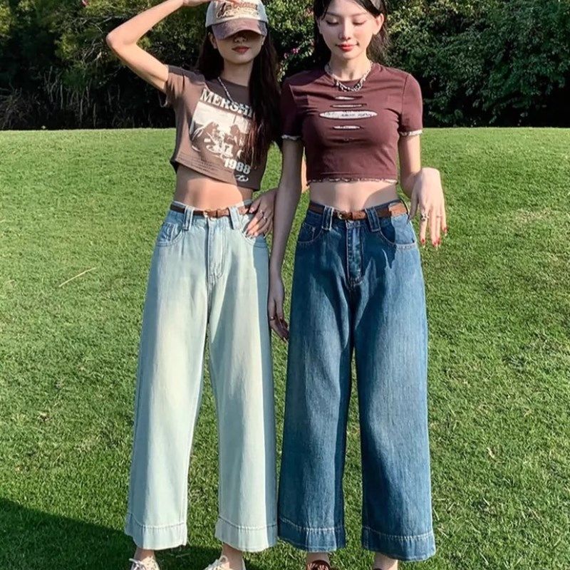 宽松阔腿奶奶裤春秋冬季2025新款高腰显瘦小个子八分直筒牛仔裤女