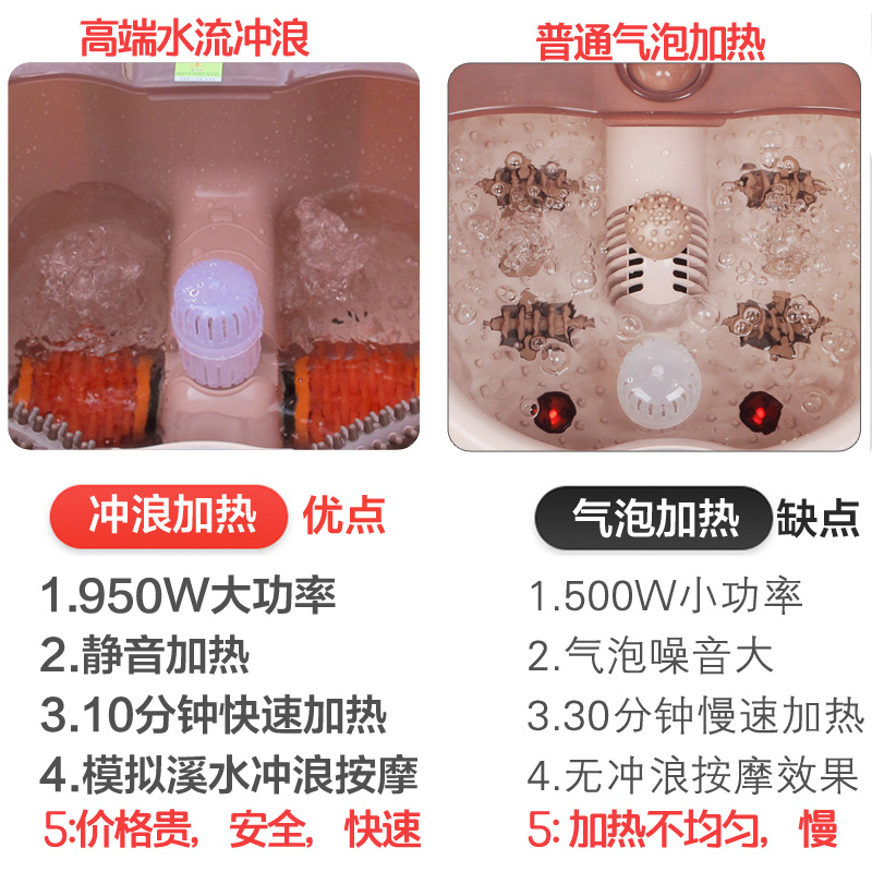 三戟深桶洗脚盆电动按摩加热泡脚盆家用大滚轮电动洗脚足浴器熏蒸