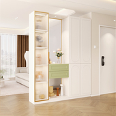 入户鞋 奶油风实木边柜定制 柜玻璃屏风玄关柜酒柜一体客厅隔断法式