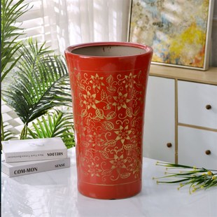 室外超大号特大号花盆陶瓷落地红色栽树盆深盆细高高筒高款大盆高