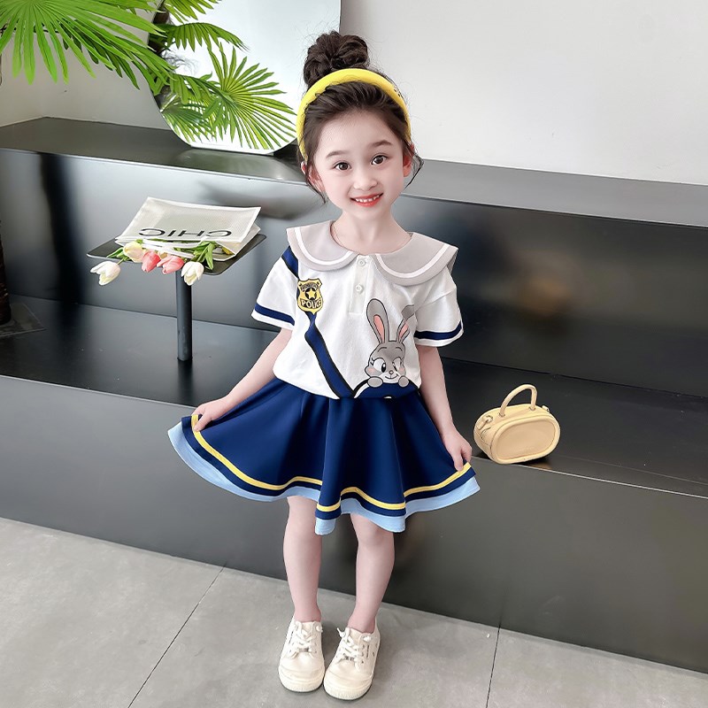 女童夏季2024新款兔耳夏款jk洋气女宝宝夏装时髦学院风百褶裙套装