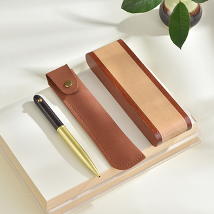 商务创意礼品金属中性笔定制刻字LOGO古风黄铜配木质锦盒笔架笔袋