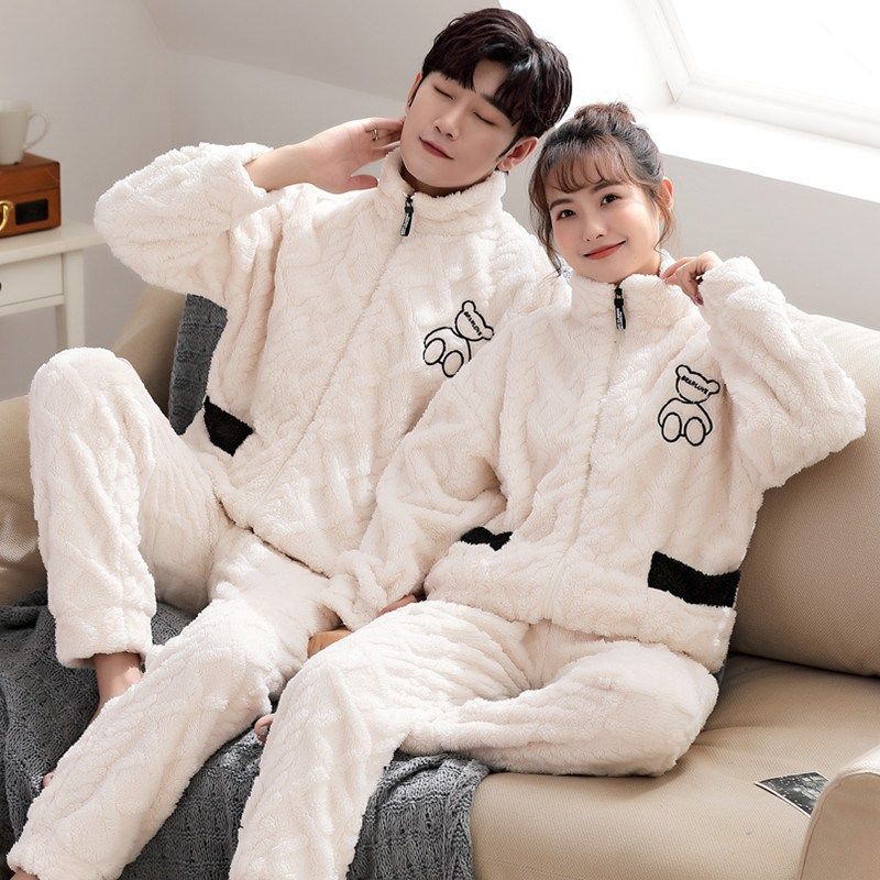 秋冬季珊瑚绒情侣睡衣女加厚加绒法兰绒冬开衫男家居服套装加大码