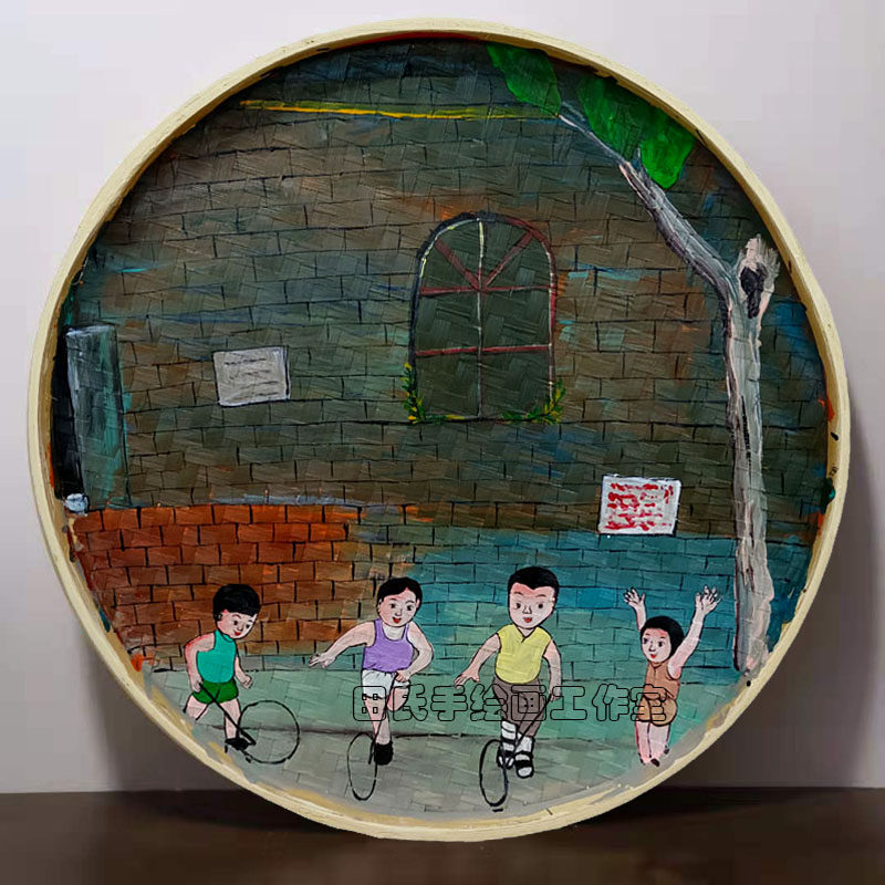 手绘竹编簸箕挂画七八十年代怀旧装饰画民宿墙面挂饰户外墙壁挂件