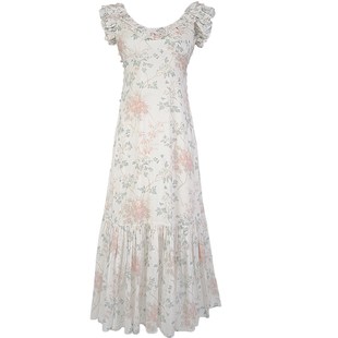 圆领碎花连衣裙女夏法式复古长裙温柔初恋裙一字肩长款裙子仙气