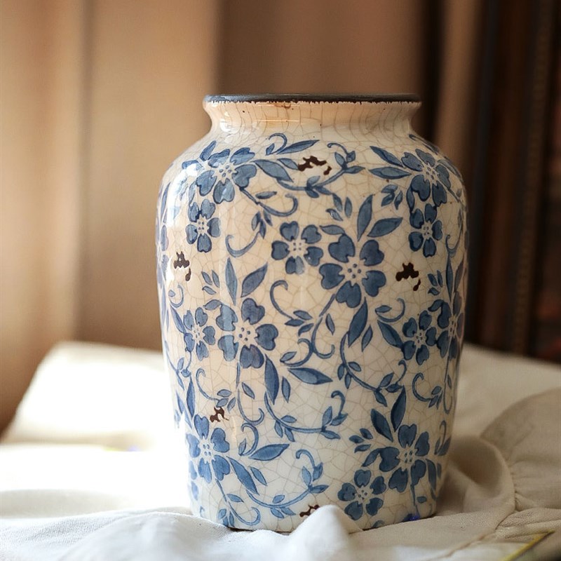 青花瓷新中式插花客厅摆件中古法式古典陶瓷装饰复古感瓷器高级感