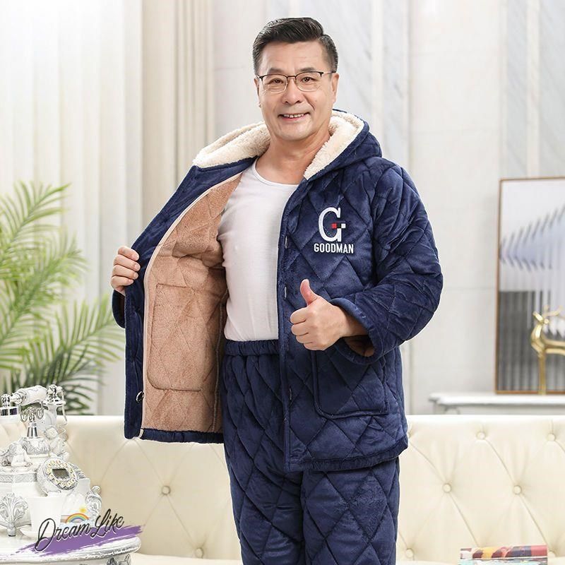 睡衣男冬季加厚三层夹棉加绒珊瑚绒中老年爸爸加大码加棉老人套装