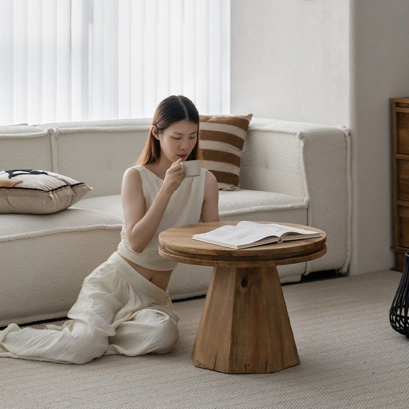 润家家居复古圆形实木组合茶几侘寂风老松木大小圆桌客厅子母矮桌