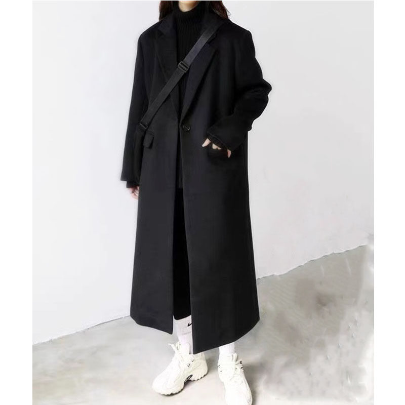 黑色毛呢大衣女中长款2022新款宽松显瘦过膝呢子西装外套