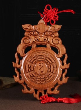 桃木兽头挂件虎头八卦镜卫生间挂饰解决厕所对大门卧天然桃木兽头