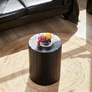 实木花架木墩圆形边几民宿实木复古碳化黑树墩原木花几摆件侘寂风