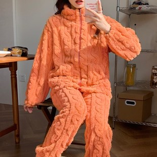 红色珊瑚绒睡衣女秋冬季加厚绒法兰绒2023新款拉链外穿家居服套装