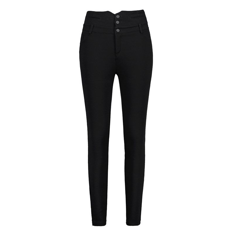 逸阳女裤2024新款冬加绒高腰排扣打底裤女外穿黑色小脚裤1640