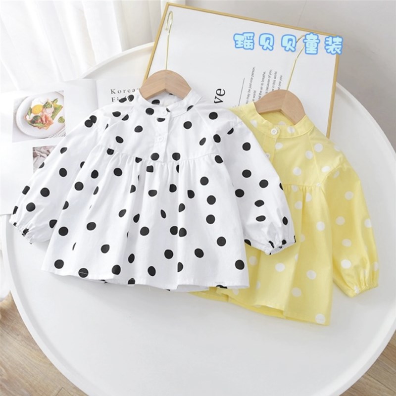 女童春秋衬衫2024新款娃娃衫长袖波点衬衣女宝宝洋气薄款纯棉上衣