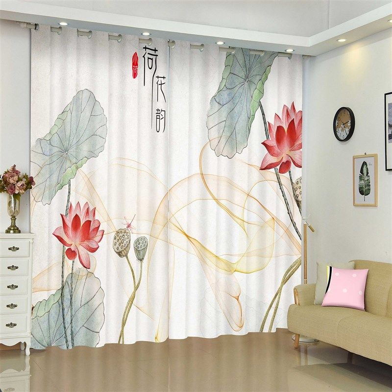 新中式荷花窗帘荷塘月色遮光2024新款中国风客厅卧室莲花隔断帘