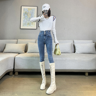 紧身铅笔裤 小个子烟灰色小脚牛仔裤 女150cm显高加绒高腰145八分裤