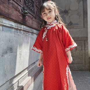 全开襟中国风儿童旗袍女春夏夏季民国风民国装女童夏长款红色