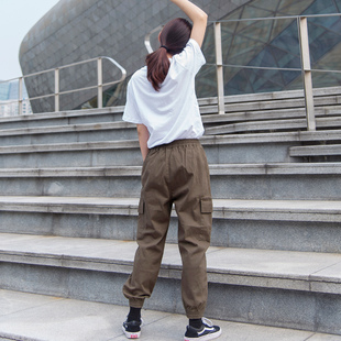 黑色裤子女夏季薄款大码工装裤女胖mm小个子束脚休闲春秋哈伦显瘦