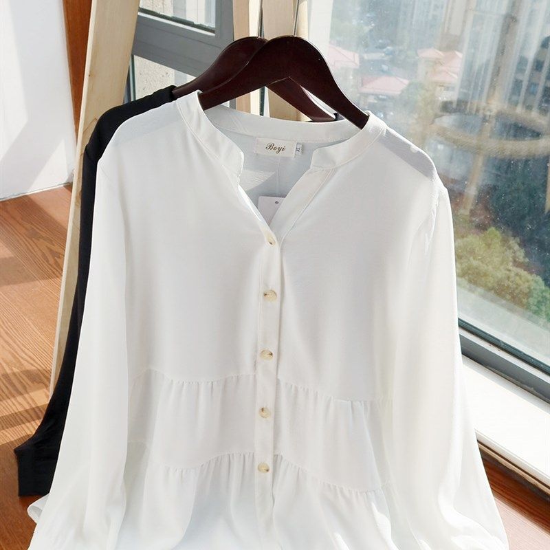 大码娃娃衫衬衫女胖mm200斤春装小V领孕妇薄款遮肚子宽松长袖上衣