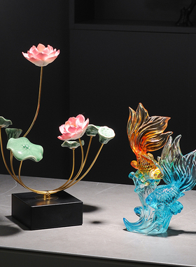 荷花摆件茶室装饰品家居客厅酒柜高端清新雅致新中式年年有余摆件