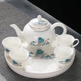 带托盘陶瓷家用客厅带过滤泡茶壶有耳茶杯套装 羊脂玉功夫茶具套装