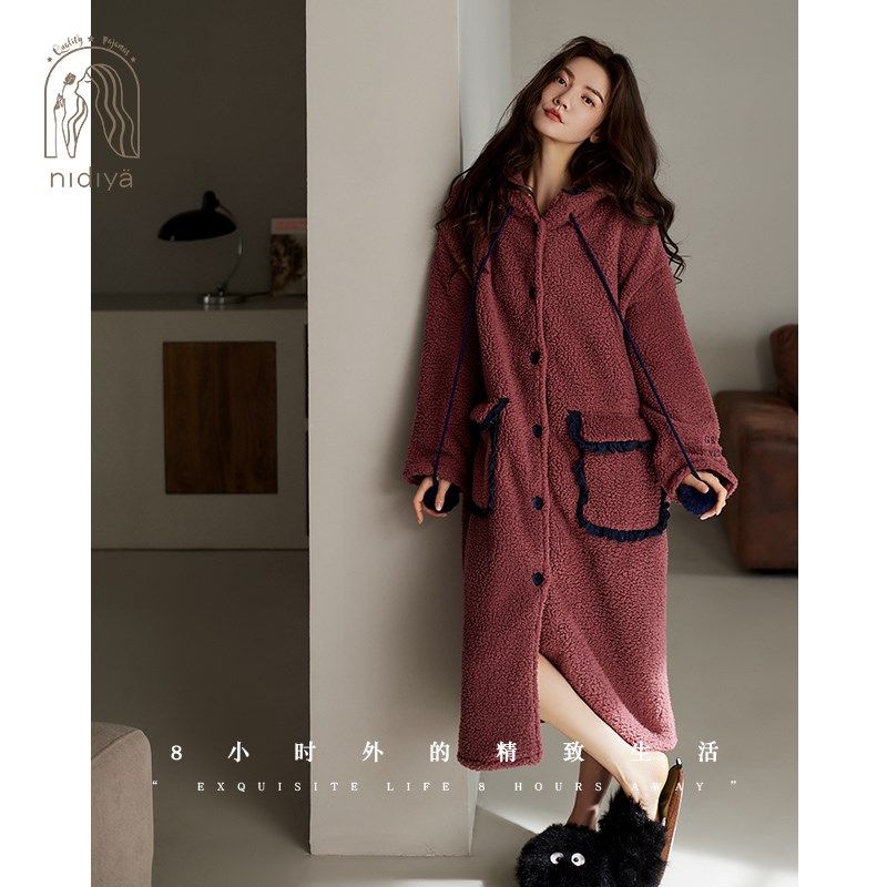 妮狄娅睡衣睡袍女冬季羊羔绒保暖中长款时尚复古红甜美少女家居服,女士内衣/男士内衣/家居服,睡袍/浴袍,淘宝优惠券,粉丝福利购,淘宝优惠卷