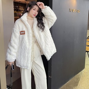 羊羔毛外套女冬中长款仿兔毛皮草大衣宽松加厚白色立领毛毛绒上衣