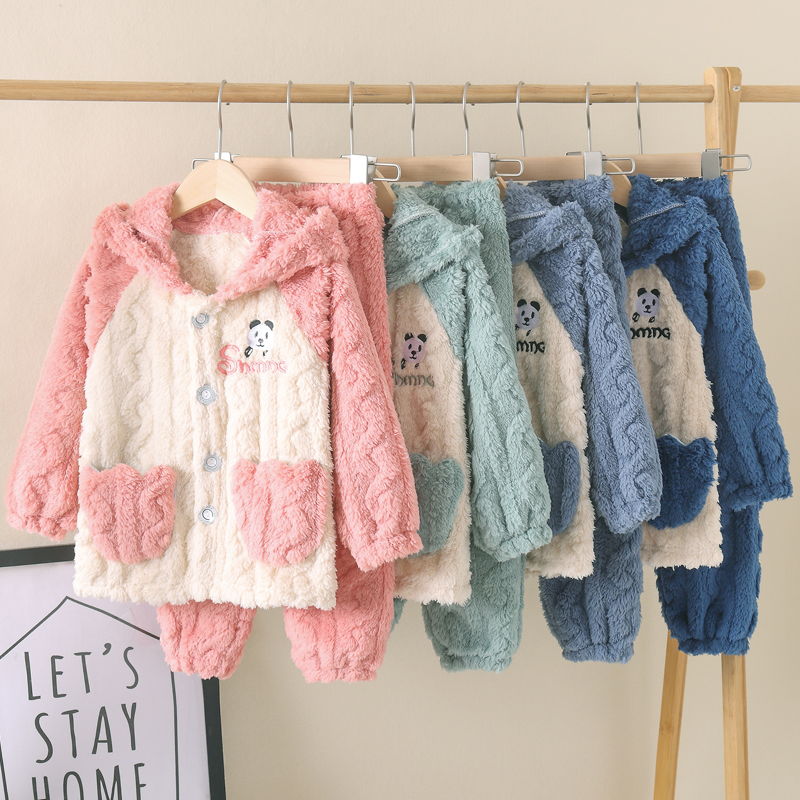 秋冬季儿童睡衣女童法兰绒套装加厚拼色插肩珊瑚绒宝宝男童家居服