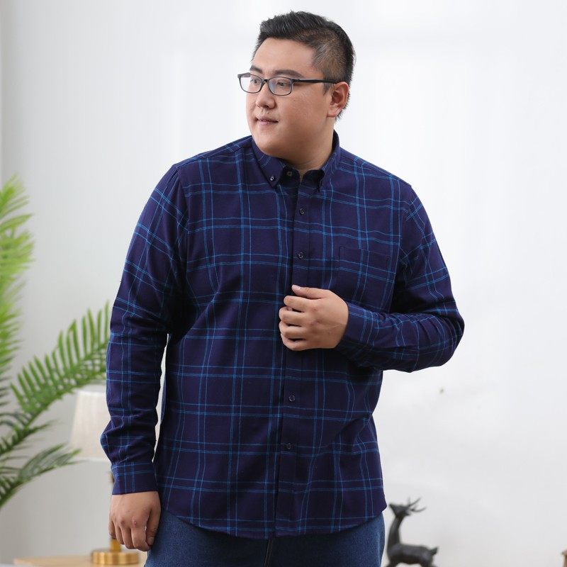男士大码全棉格子长袖衬衫肥仔纯棉胖子潮男装加肥加大休闲男衬衣