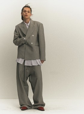 4Tra 24AW 职员人字纹西装套装 灰色西装外套阔腿西装裤