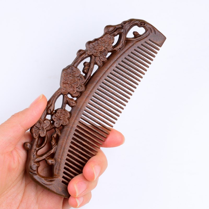 郎府黑金檀木原木雕刻桃花造型顺发木梳子细齿款礼品梳护发男女生