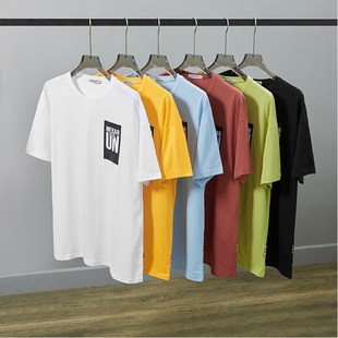 夏季大码全棉衣服男潮加肥加大宽松短袖T恤枣红绿色黄色天蓝汗衫