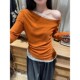 韩系穿搭修身 橘色斜肩b蕾丝拼接长袖 T恤女2024初早春新款 露肩上衣