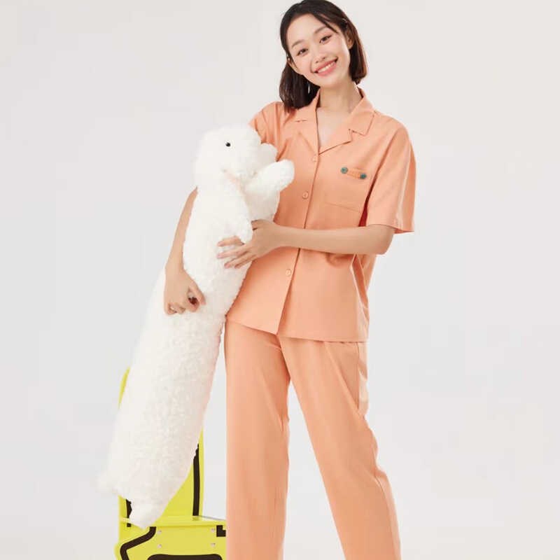 2024韩蜜f蜜夏季女士短袖长裤纯色简约开衫减龄睡衣家居服套装M48