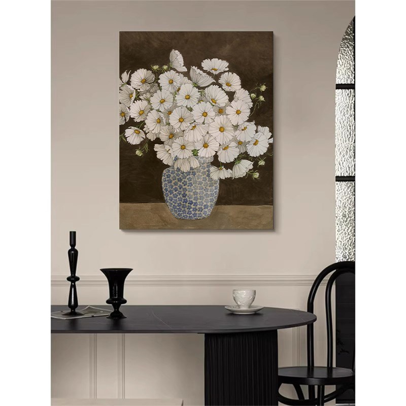 法式中古风植物花卉客厅q餐厅装饰挂画奶油风花瓶玄关丙烯手绘油图片