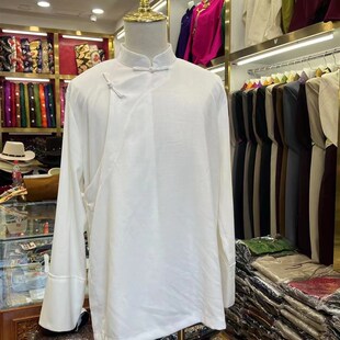 藏式风衬衣男春夏季棉麻衬衫凉爽透气白色纯色藏袍内搭23新民族风