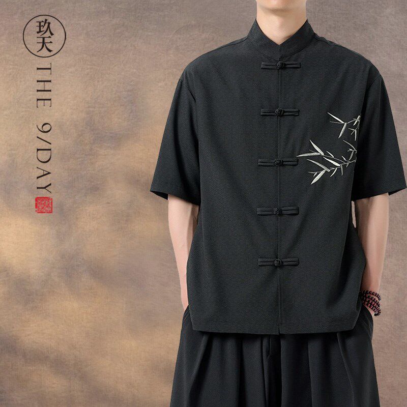新中式男装短袖衬衫中国风唐装复古刺绣竹子汉服盘扣立领中山装,男装,唐装,淘宝优惠券,粉丝福利购,淘宝优惠卷