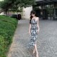 韩雨嘉复古碎花挂脖连衣裙女夏高级感不J对称斜边设计修身 显瘦长