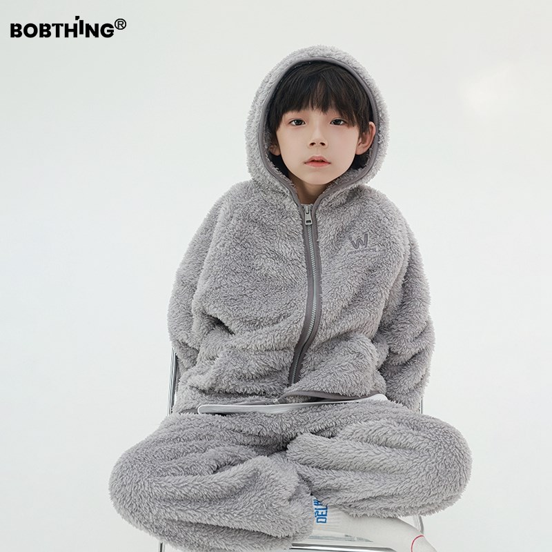 儿童双面云朵绒家居服套装连帽外套裤子2件套男童毛绒睡衣厚睡裤