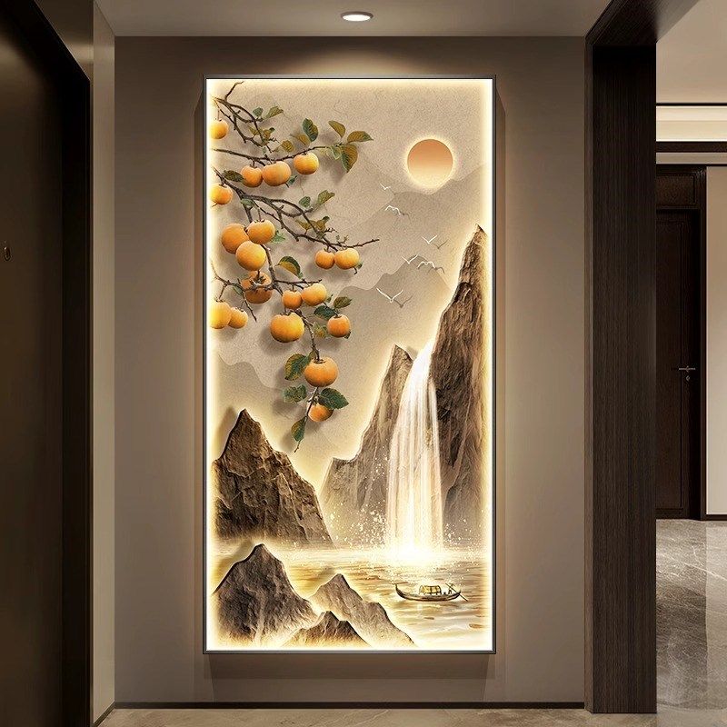 2025新款fLED灯九鱼图玄关装饰画入户正对门挂画高端走廊过道壁画