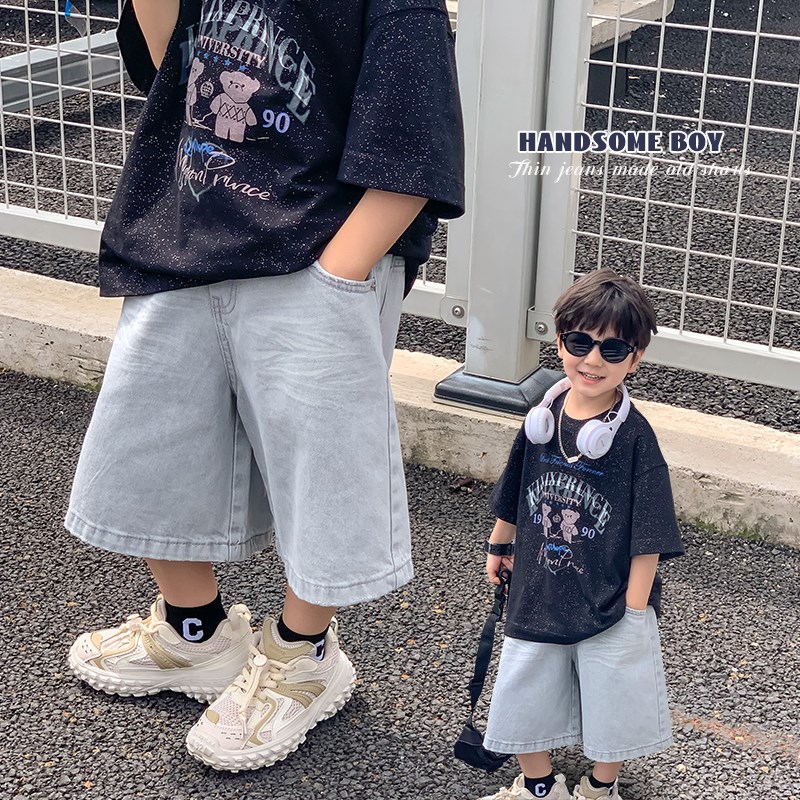 【做旧】夏季g薄款儿童休闲牛仔短裤男女童韩版浅灰色五分裤子潮