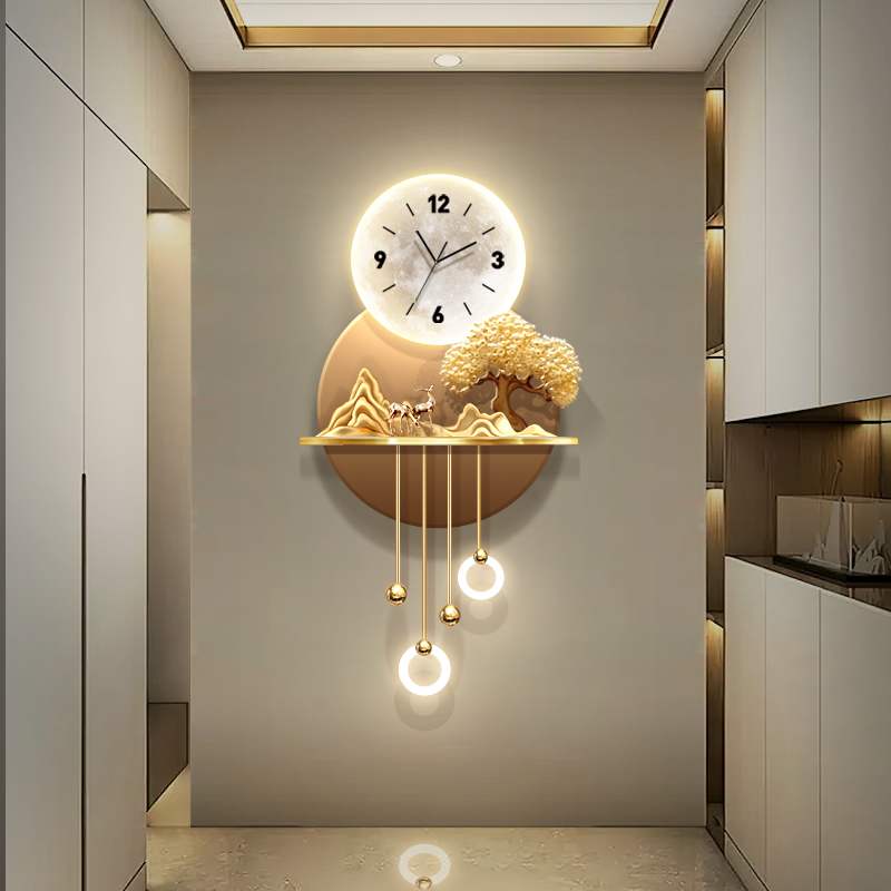 立体轻奢玄关装饰画走廊背景墙发财树lHed时钟壁灯画客厅装饰钟表