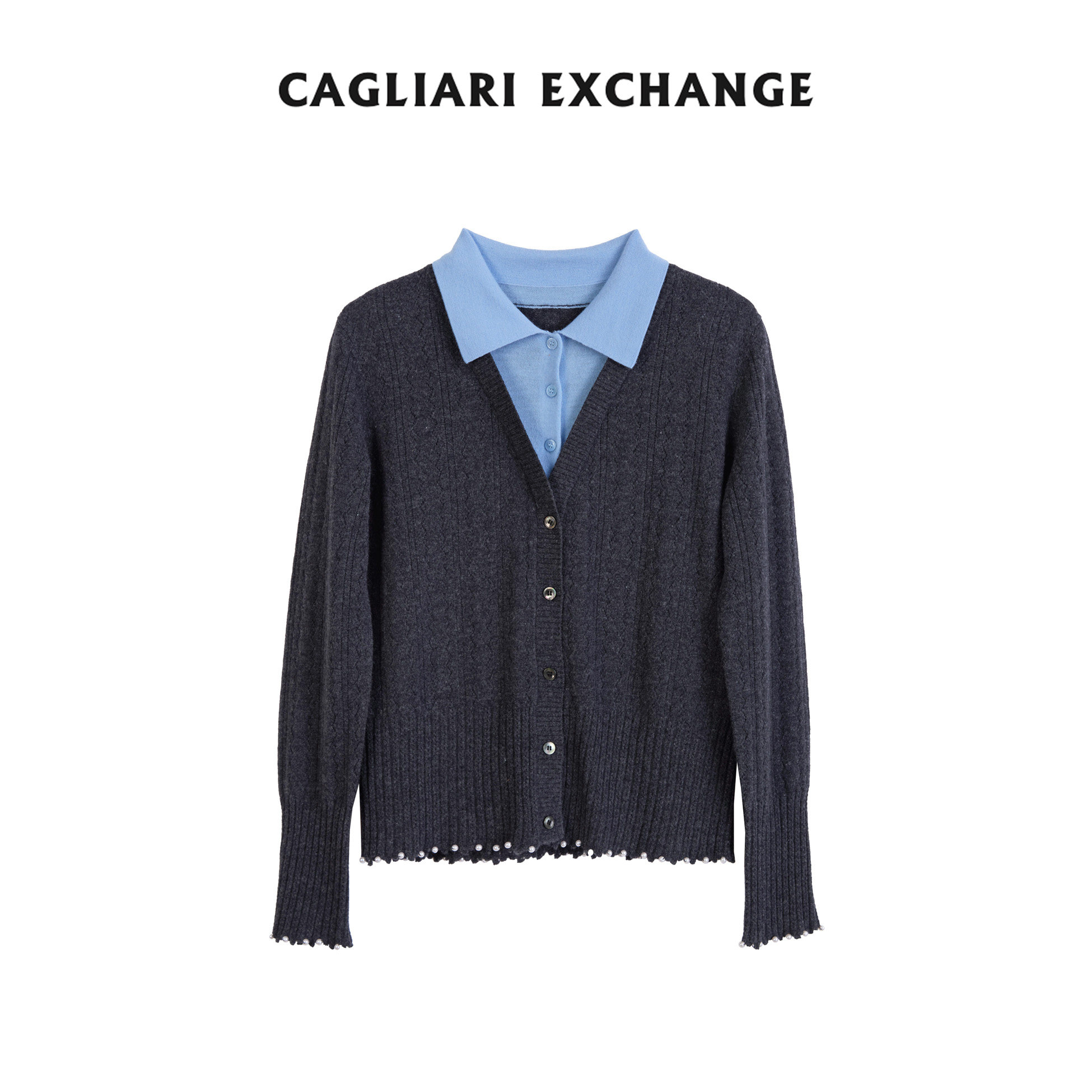 CAGLIARIEXCHANGE/卡利亚里撞色珍珠扣羊毛假两件针织开衫4413017