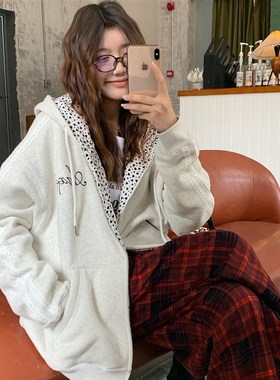 AGXS秋冬花灰色撞色拼接爱心拉链帽衫宽松休闲加绒连帽开衫卫衣女