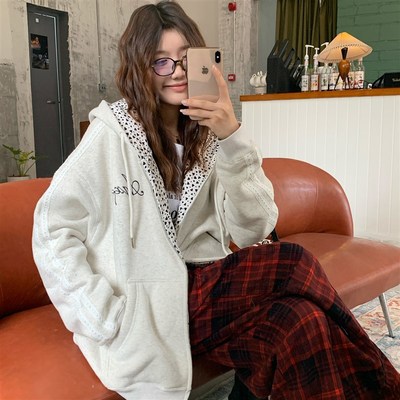 AGXS秋冬花灰色撞色拼接爱心拉链帽衫宽松休闲加绒连帽开衫卫衣女